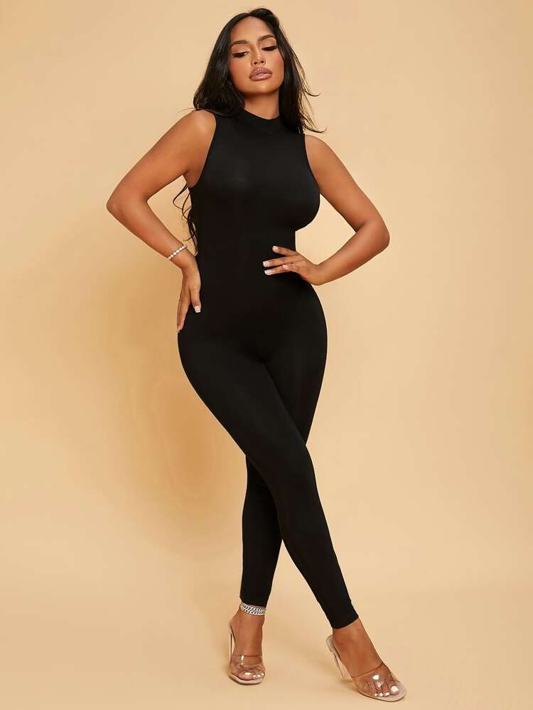 SHEIN SXY Solid Mock Neck Unitard Jumpsuit | SHEIN