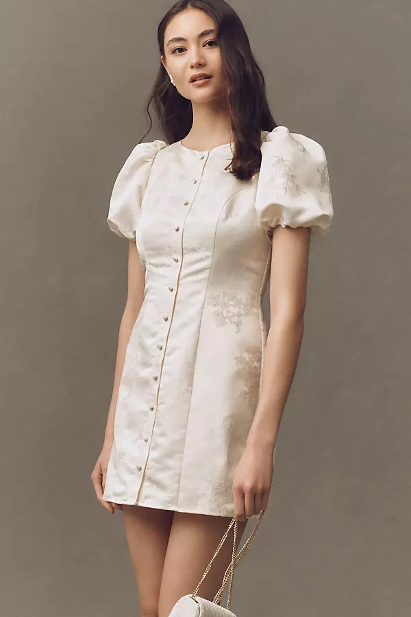 Hutch Puff-Sleeve Crew-Neck Jacquard Button-Front Mini Dress | Anthropologie (US)