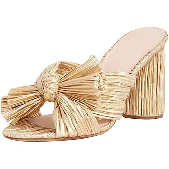 Vimisaoi Chunky Block Heeled Sandals for Women Comfortable Slip On Open Toe Pleated Bow Heel Sand... | Amazon (US)