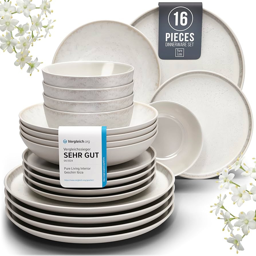 Stoneware dinnerware set 4 persons 16 pcs - Mediterranean dinnerware set, dishwasher, microwave and scratch resistant - bowl and plate set - dinnerware Pure Living Light Beige… | Amazon (US)