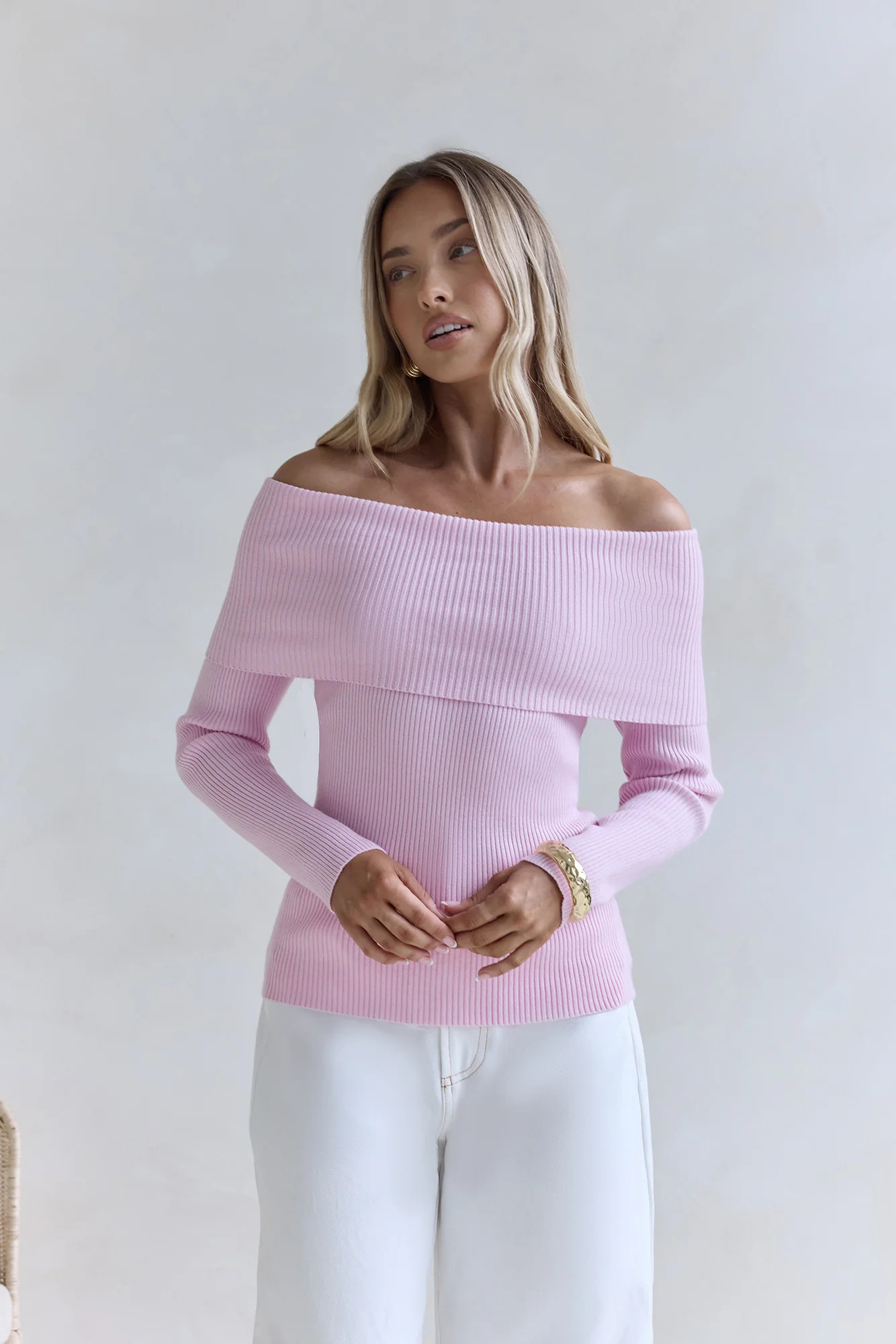 Dreamwave Off Shoulder Knit Top Pink | Fortunate One