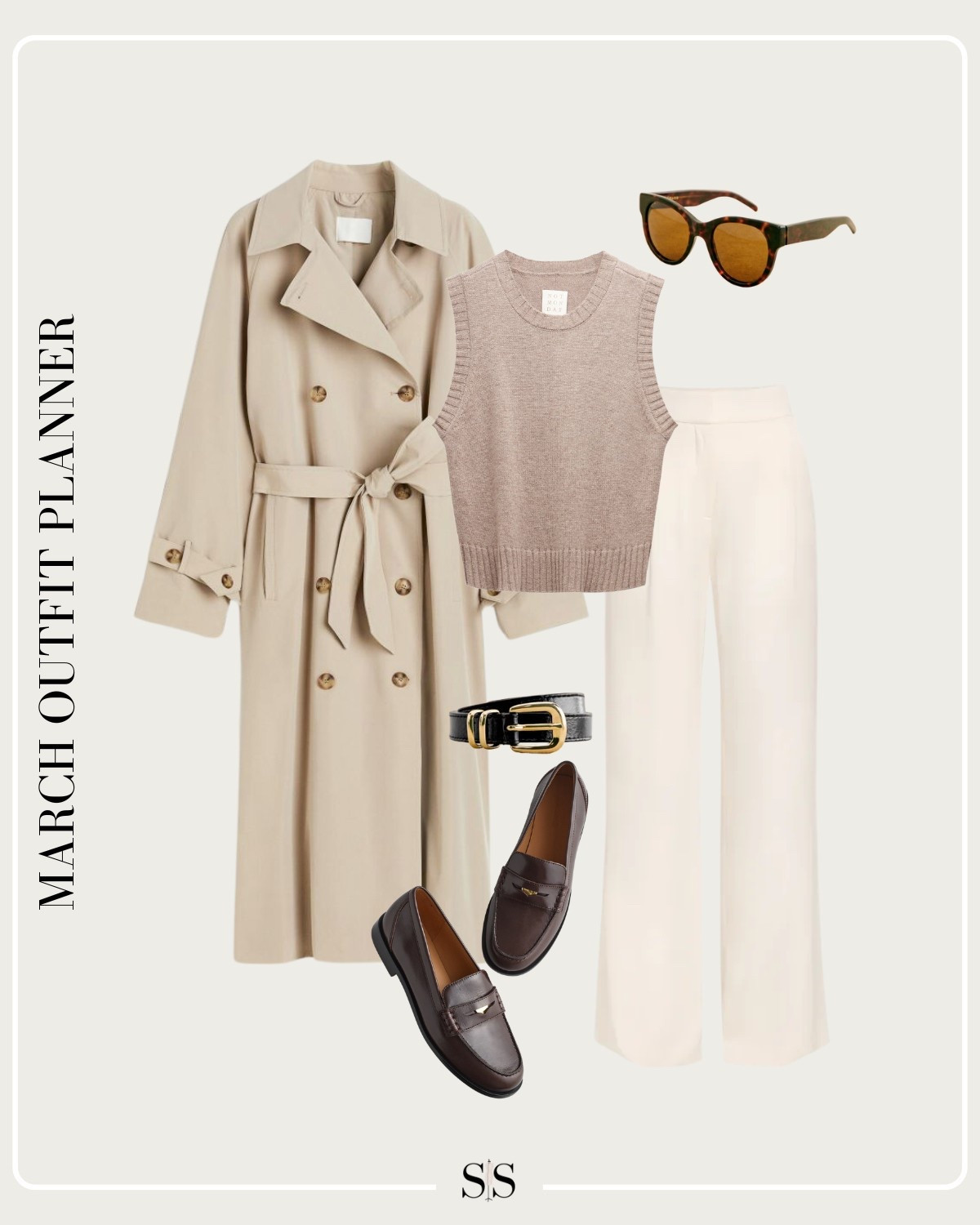 Monthly outfit planner MARCH: Winter to Spring transitional looks | trench coat, sweater tank, trouser pant, loafers 

#springoutfit #monochrome


#LTKStyleTip