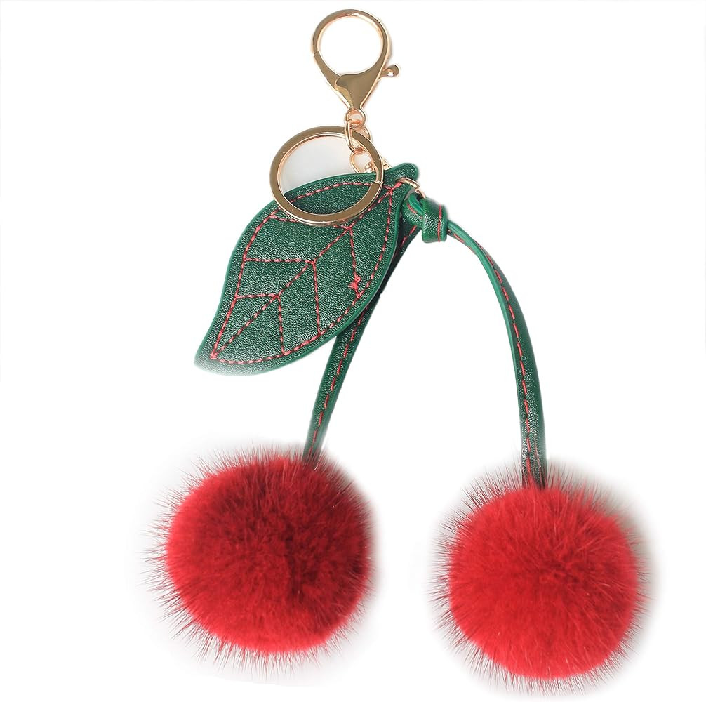 Genuine Mink Marten Fur Colored Cherry Pom Keychain Bag Charm Fluffy Fur Ball Green leaf | Amazon (US)