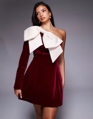 ASOS LUXE one shoulder velvet mini dress with bow detail in burgundy | ASOS | ASOS (Global)