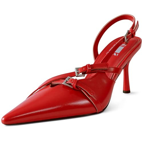 heelchic Slingback Kitten Heels for Women Stiletto Heels Pointed Toe with Buckle Strap Heeled Sandals Wedding Pumps Red Size 9.5 | Amazon (US)