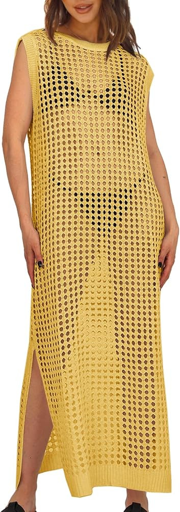Saodimallsu Womens Crochet Swimsuit Coverup Summer Sleeveless Hollow Out Knit Crewneck Side Split... | Amazon (US)