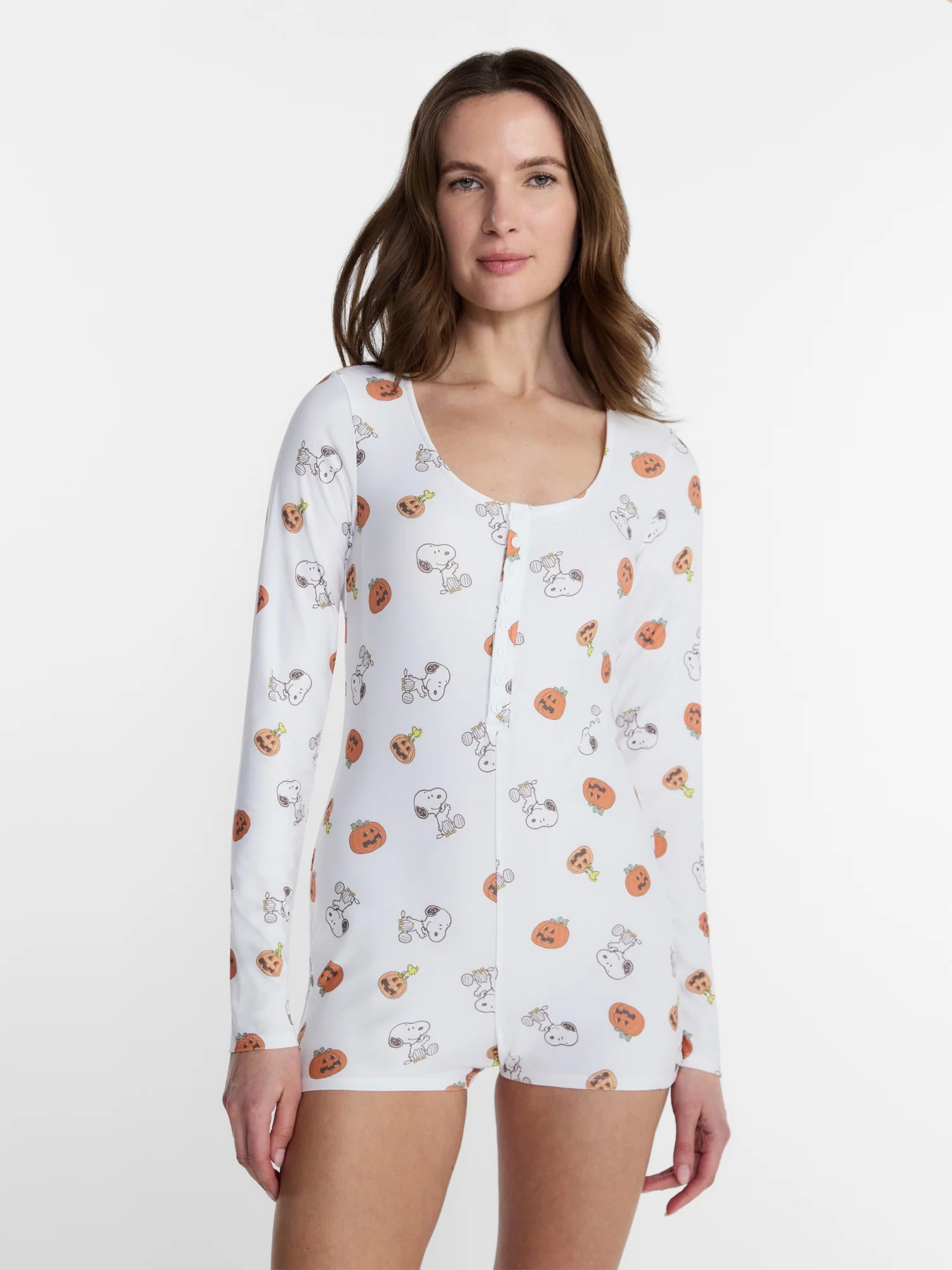 Peanuts Snoopy Women's and Women's Plus Pumpkin One Piece Sleep Romper, Sizes XS-2X | Walmart (US)