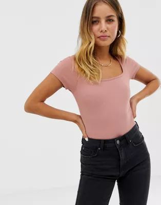 ASOS DESIGN square neck body with cap sleeve in pink | ASOS US