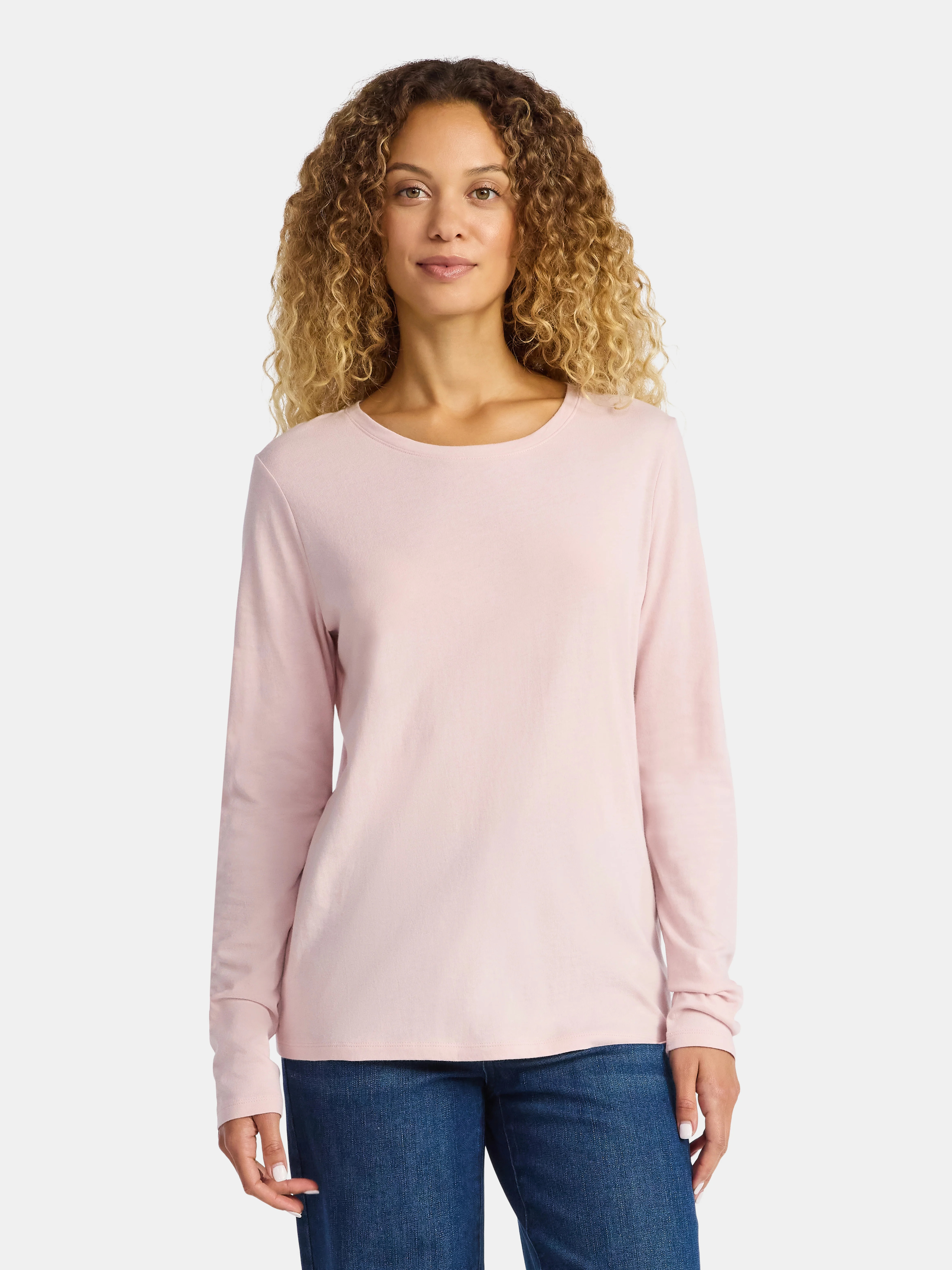 Time and Tru Women's Cotton Crewneck Tee with Long Sleeves, Sizes XS-XXXL | Walmart (US)