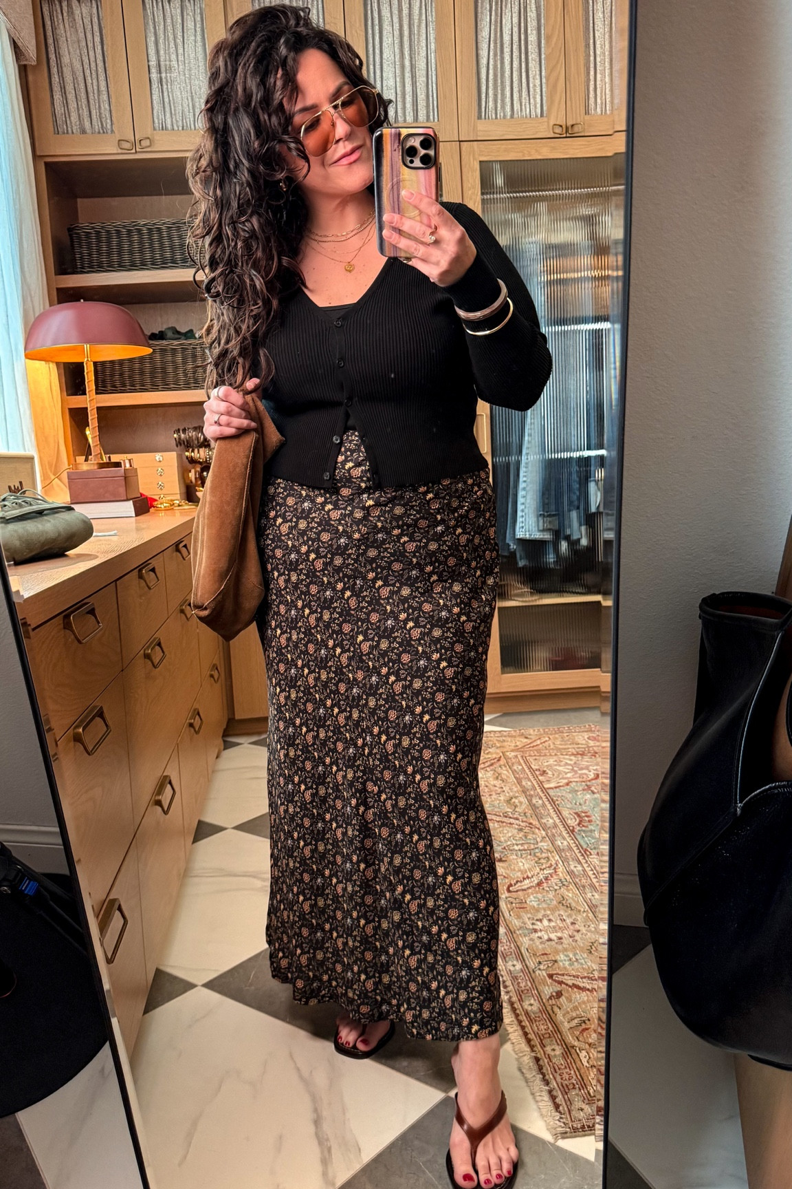 in my practical magic era. ✨ 
outfit for dinner with the family 
maxi skirt xl, cardigan large 
flip flop kitten heel sandals tts 
spring midsize outfit 


#LTKOver40 #LTKMidsize #LTKootd