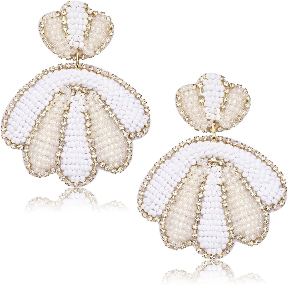 Summer Beach Earrings for Women Rhinestone Trimmed Beaded Shell Drop Dangle Earrings Bohemia Hawa... | Amazon (US)
