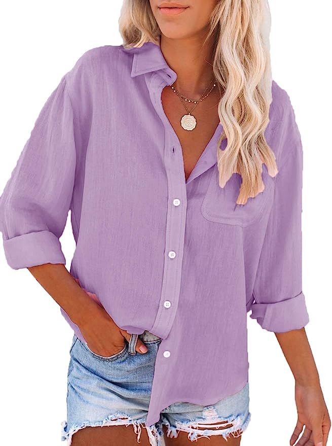 Paintcolors Women's Button Down Shirts Cotton Long Sleeve Blouses V Neck Casual Tunics Solid Colo... | Amazon (US)