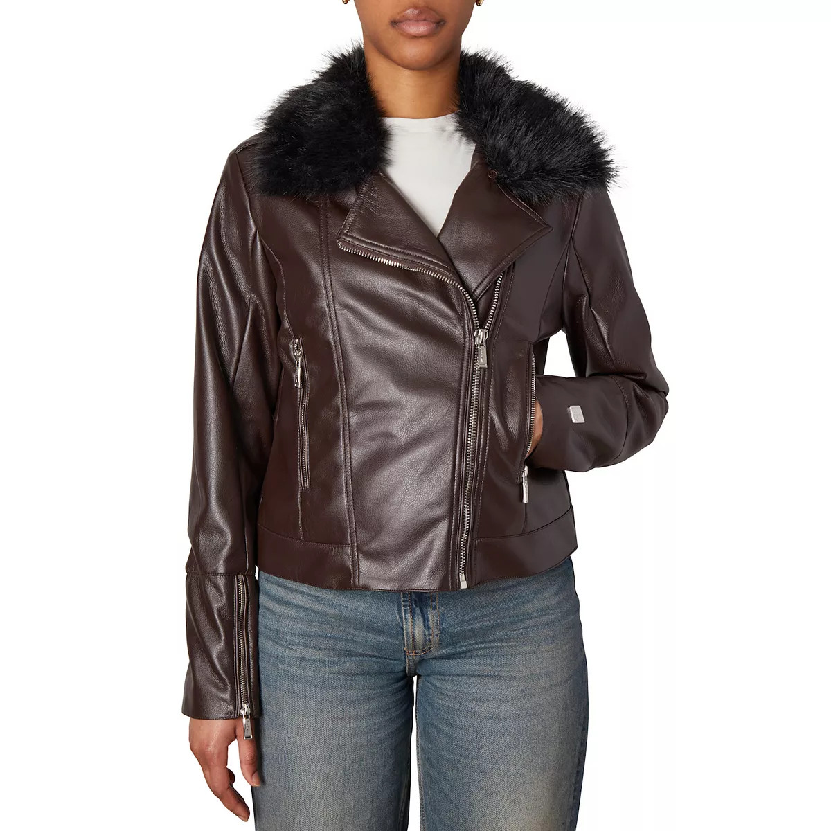 Women's Nicole Miller Faux Leather Moto Jacket With Detachable Faux Fur Trim | Kohl's