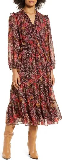 Floral Print Long Sleeve Tiered Midi Dress | Nordstrom