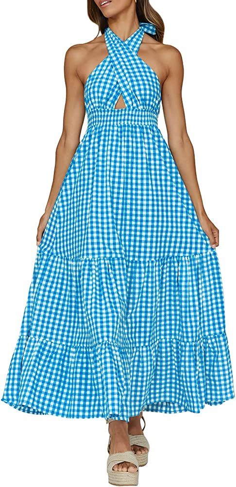 ZESICA Women's Summer Crossover Halter Neck Sleeveless Plaid Cut Out Backless Flowy A Line Maxi D... | Amazon (US)