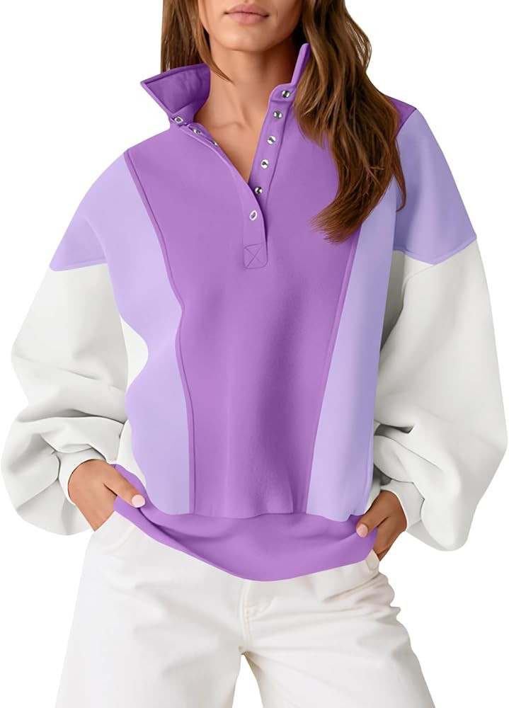 Fisoew Womens Oversized Sweatshirt Casual Long Sleeve Snap Stand Collar Color Block Pullover Tops | Amazon (US)
