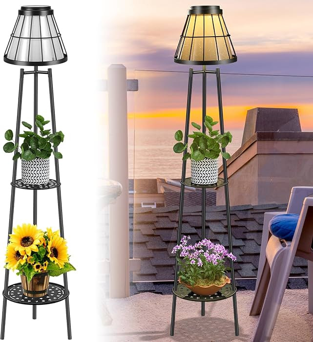 45.4'' Metal Outdoor Solar Floor Lamps with 2 Plant Stand, Waterproof Solar Lights Plant Stand fo... | Amazon (US)