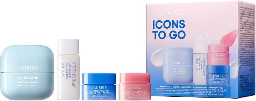 LANEIGE Icons To Go & Besties Set: Water Bank Cream, Cream Skin, Water Sleeping Mask, Lip Sleepin... | Amazon (US)