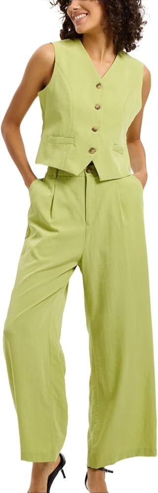 Women's 2 Piece Outfits Sleeveless Suit Vest and Wide Leg Pants Casual Business Office Sets | Amazon (US)