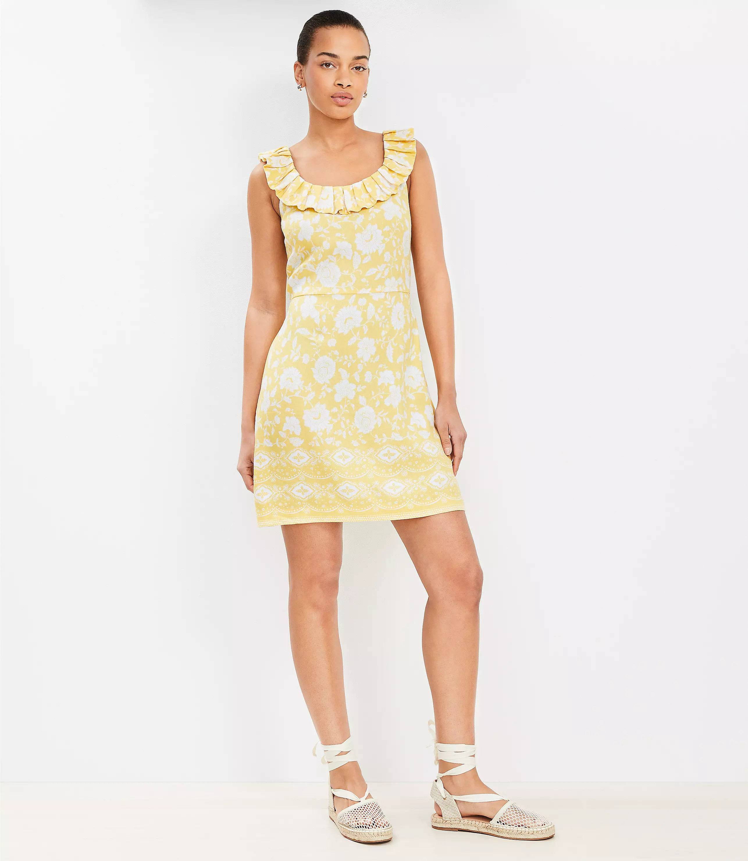 Petite Floral Linen Blend Ruffle Neck Mini Dress | LOFT