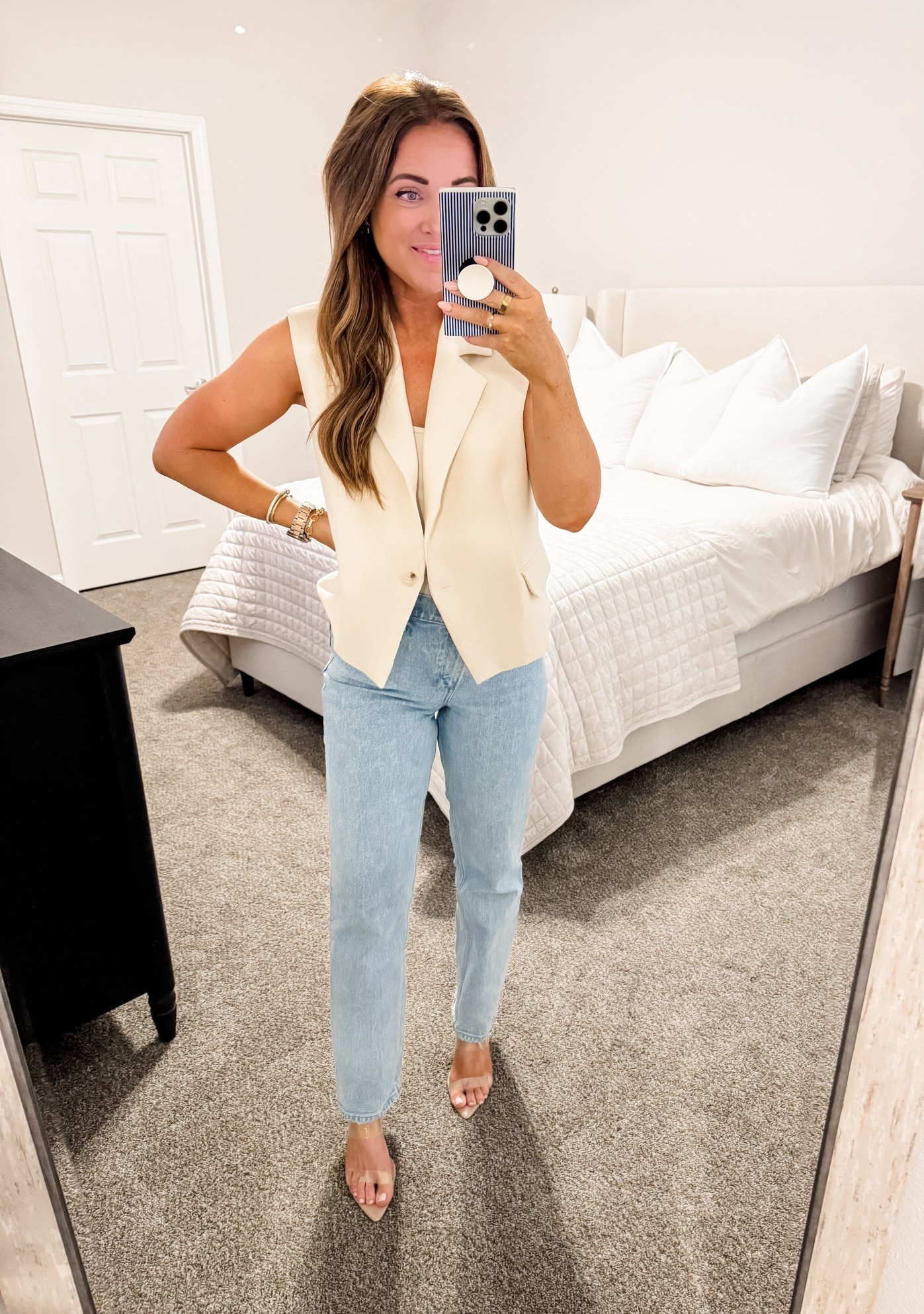 Set - M, denim - 28 (tts) 
5’2” 145 lbs 
—
Amazon set | Matching set | Abercrombie denim | Asymmetrical denim | Washed denim | Blazer set | Cropped blazer | Sleeveless blazer | Business casual  

#LTKPetite #LTKWorkwear #LTKmomlife