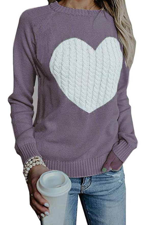Women's Sweater Heart Pattern Patchwork Pullover Long Sleeve Crew Neck Knits Loose Top | Amazon (US)