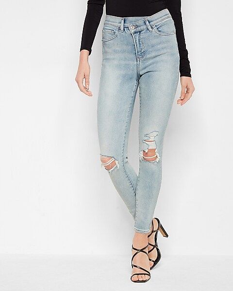 High Waisted Crossover Waistband Ripped Skinny Jeans | Express