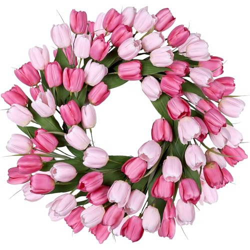 24 Inch Tulip Spring Wreath for Front Door Summer Silk Wreath with Green Leaves Artificial Tulip Flower Wreaths for All Seasons Farmhouse Porch Wall Living Room Home Widding Decor-Red | Amazon (US)