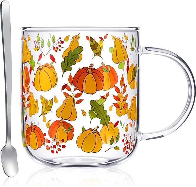 CHENGU Pumpkin Mug with Handle, 15 oz Clear Pumpkin Glass Cup Gift Cup with Stainless Steel Spoon... | Amazon (US)