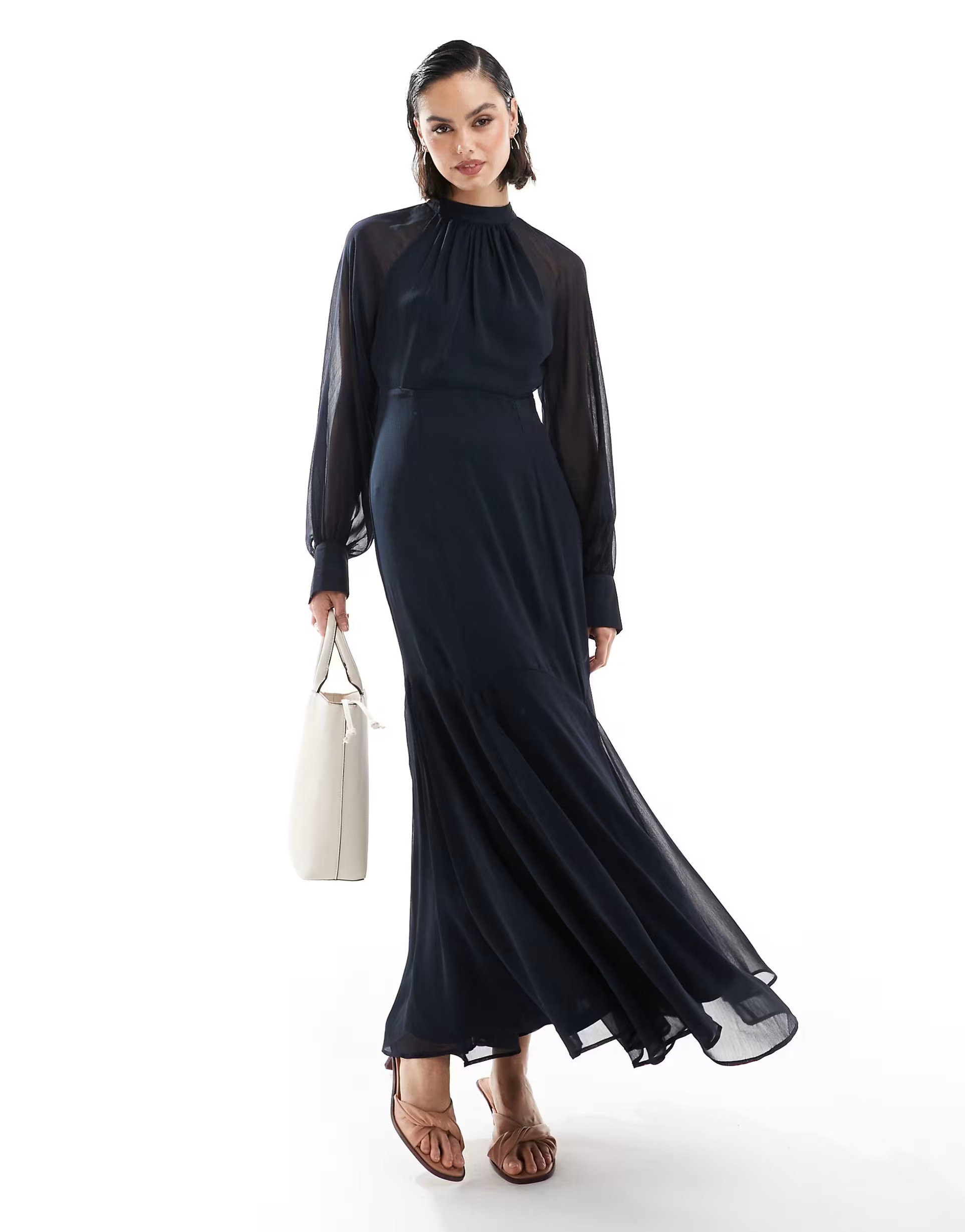 ASOS DESIGN high neck maxi dress with godet hem in navy | ASOS (Global)