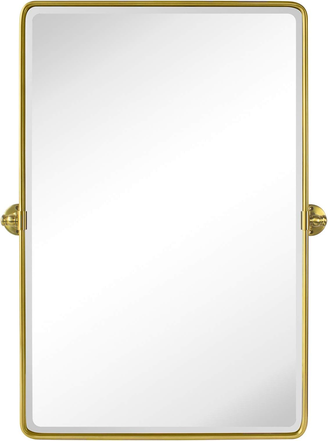 TEHOME 27 x 35'' Farmhouse Brush Gold Metal Framed Pivot Rectangle Bathroom Mirror Tilting Beveled V | Amazon (US)