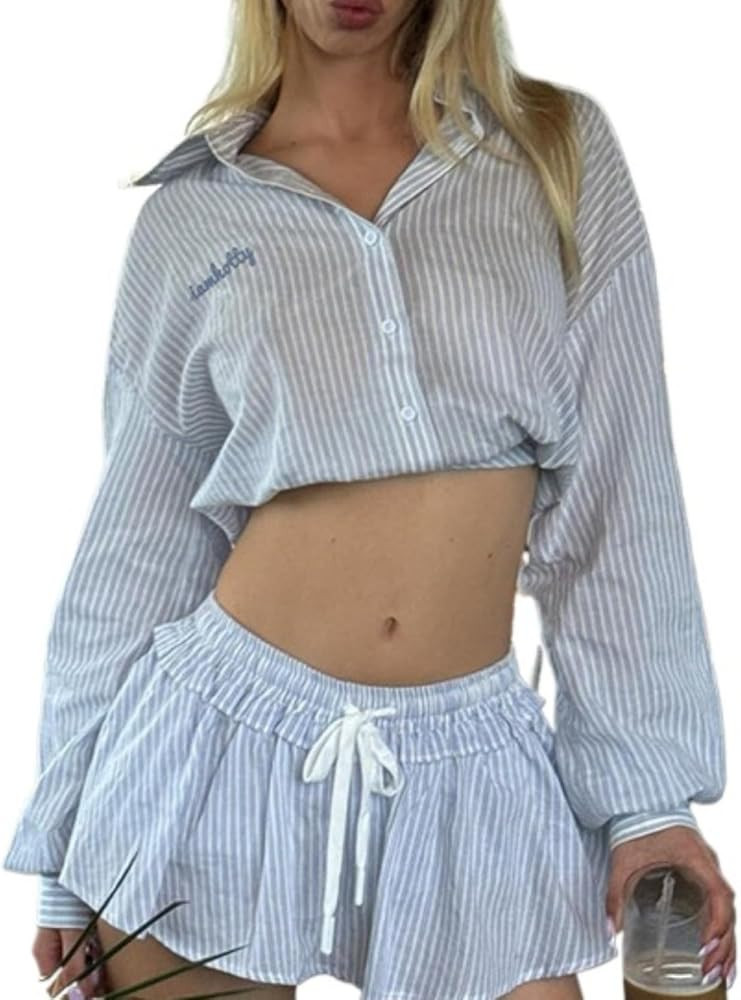 Blue Striped Two Piece Sets Crop Long Sleeve Shirt Elastic High Waist A Line Skirt Elegant Summer... | Amazon (US)