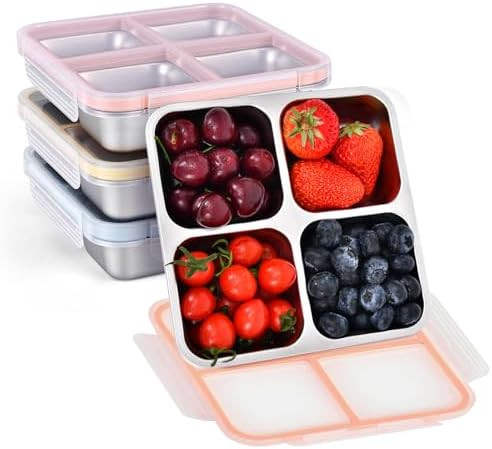 Stainless Steel Snack Containers with Lids, 4 Pack 4 Compartment Meal Prep Containers, Reusable B... | Amazon (US)
