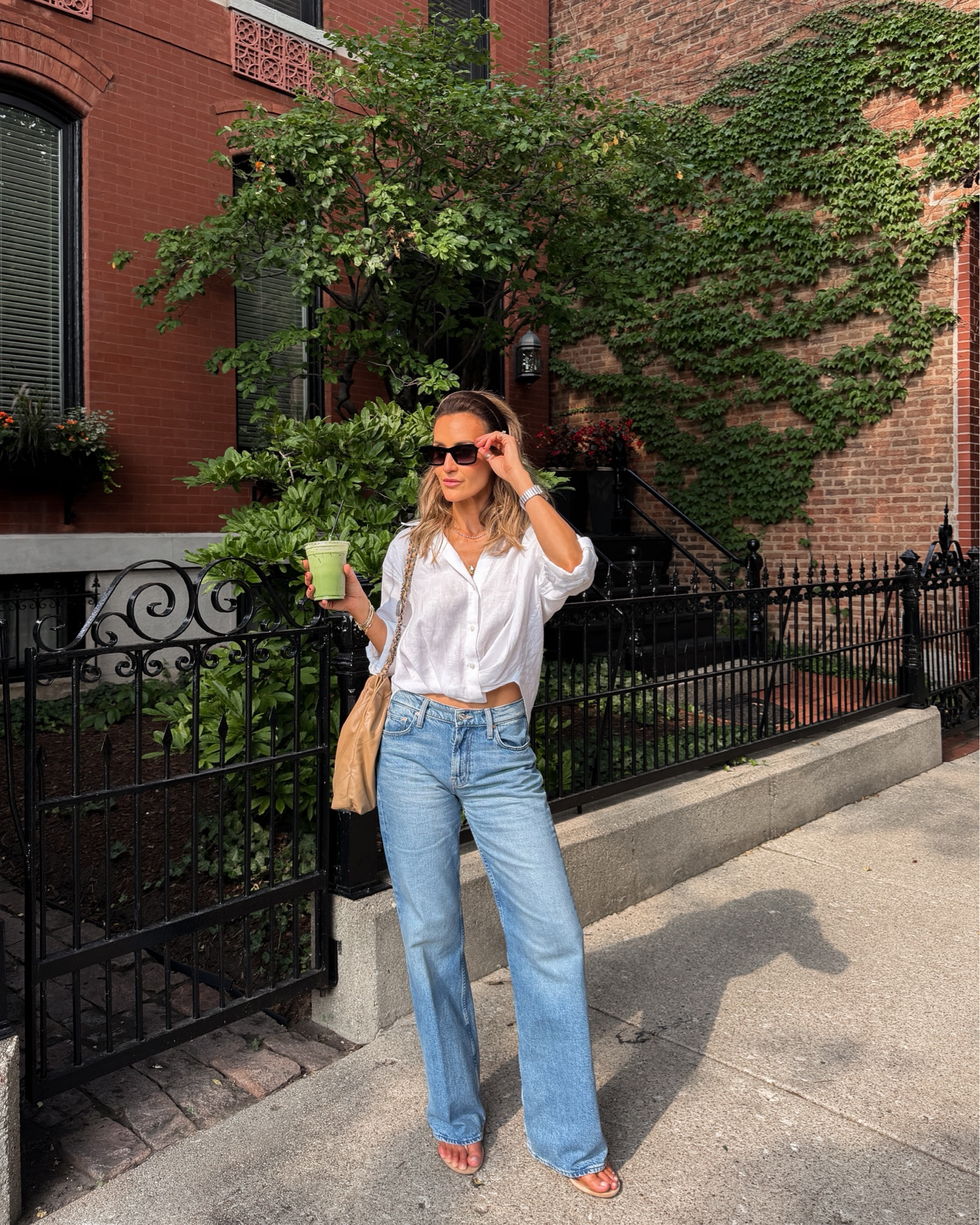 Matcha run and shopping outfit! NSale jeans and linen shirt both fit tts and these suede sandals are the comfiest kitten heels I own, been walking on them all day long!

#LTKootd #LTKgrwm #LTKSaleAlert