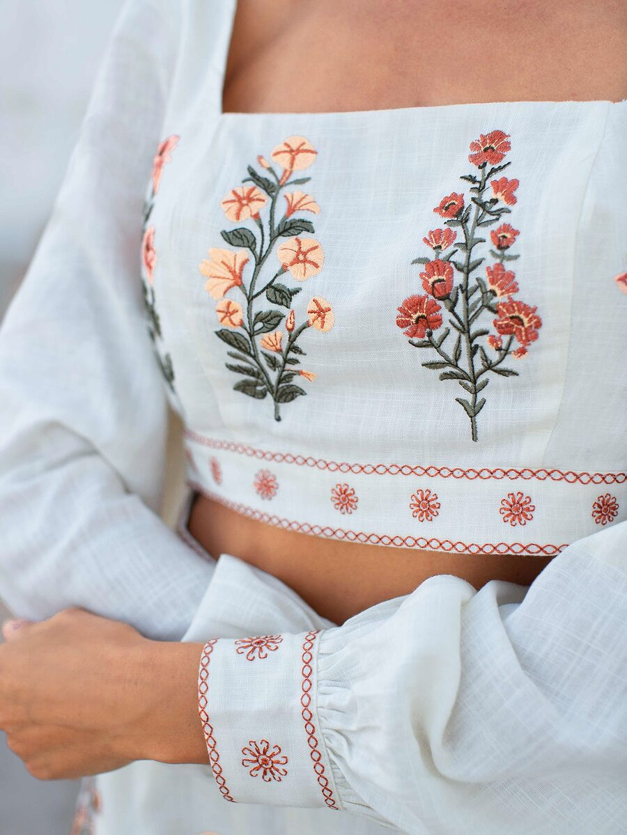 SHEIN Square Neck Bishop Sleeve Floral Embroidery Top | SHEIN