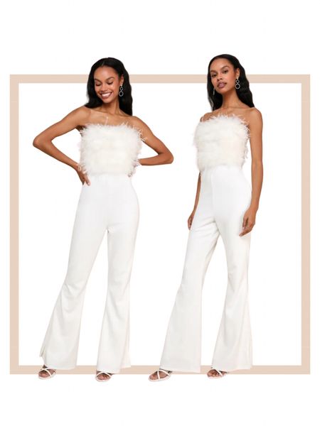 White feather strapless wide leg formal party jumpsuit 

#LTKwedding #LTKstyletip #LTKparties