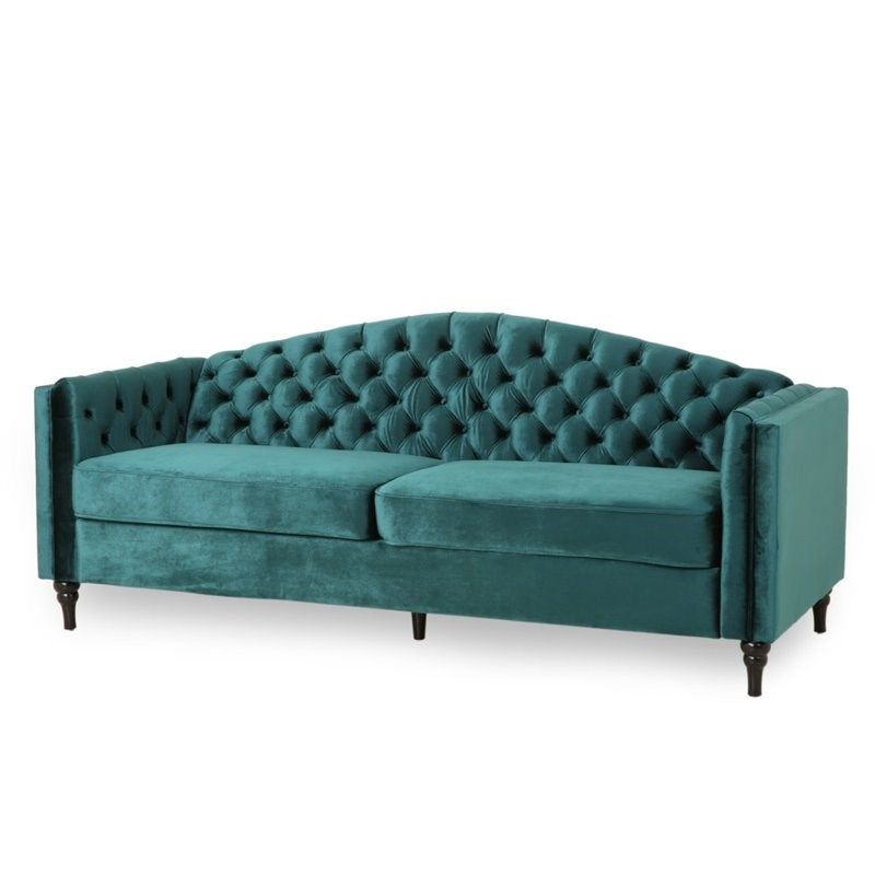 Noble House Antoine Button Tufted Velvet Sofa in Teal and Dark Brown | Homesquare