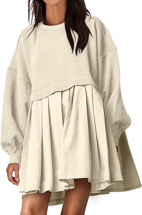 ANRABESS Women Oversized Sweatshirts Hoodie Dress Long Sleeve Crewneck Casual Baggy Patchwork Ple... | Amazon (US)