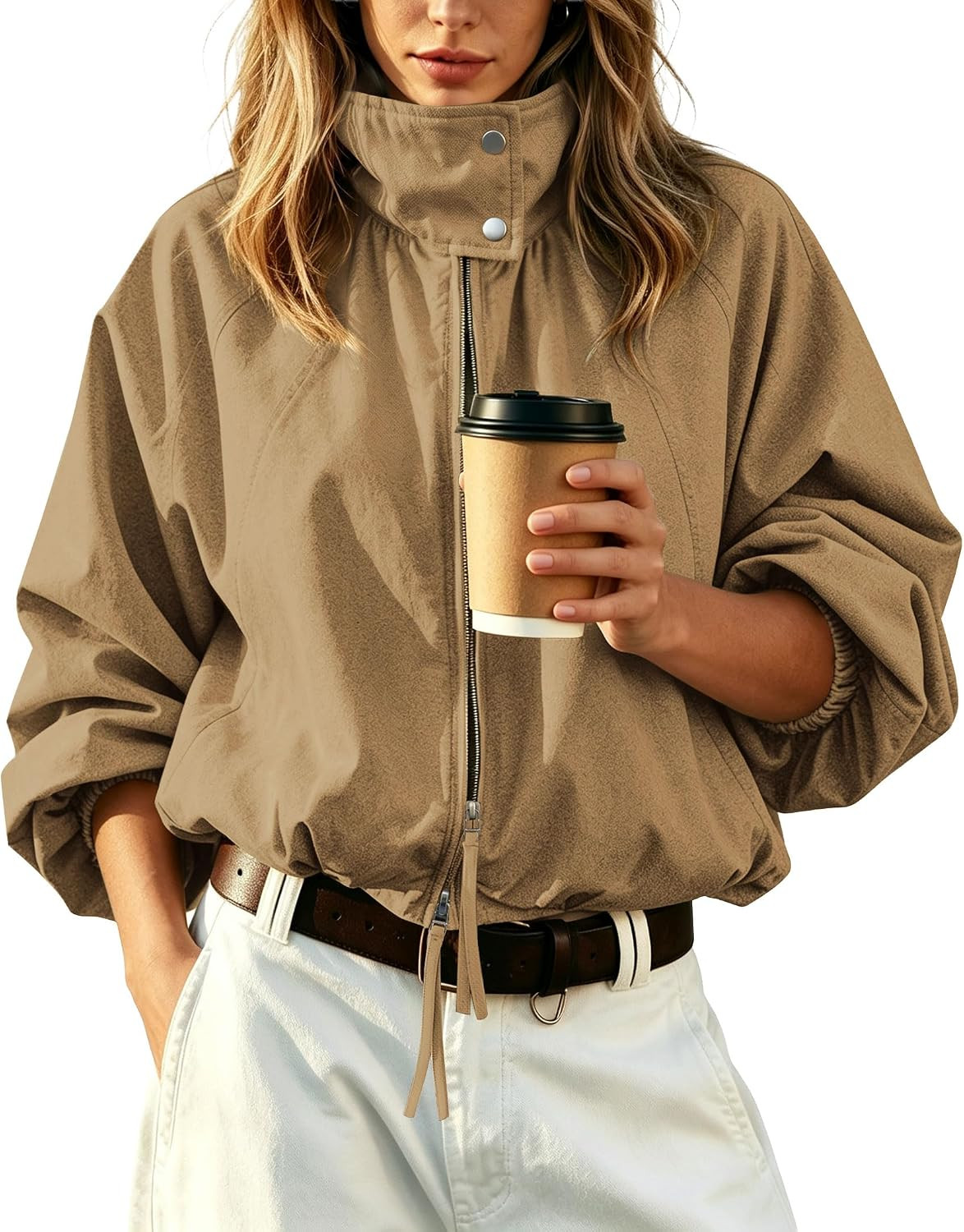 Womens Bomber Jacket Puffed Collar Trench Coat Funnel Neck Cropped Jackets | Amazon (US)