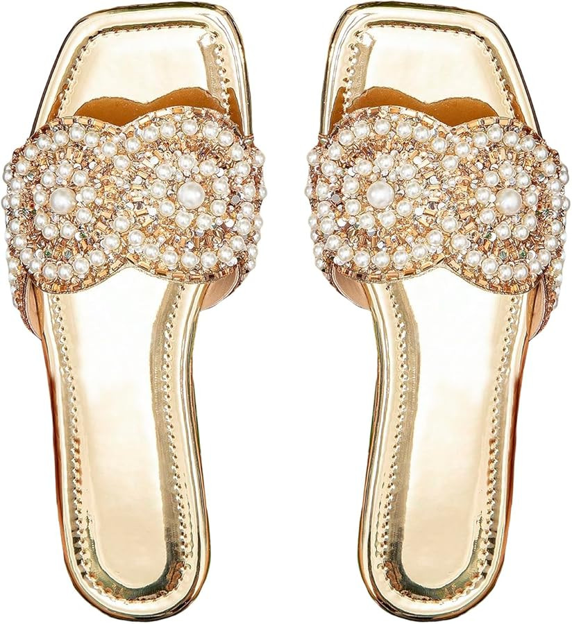 GORGLITTER Women's Gold Sparkly Flat Sandals Dressy Rhinestone Bling Metallic Comfortable Slides ... | Amazon (US)