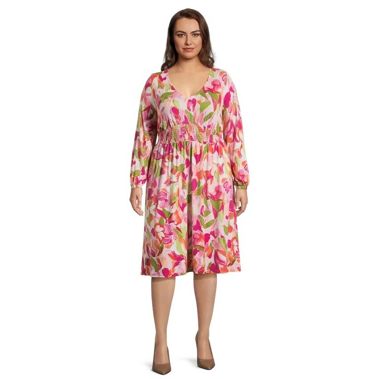 Terra & Sky Women's Plus Size Smock Waist Dress with Long Sleeves | Walmart (US)