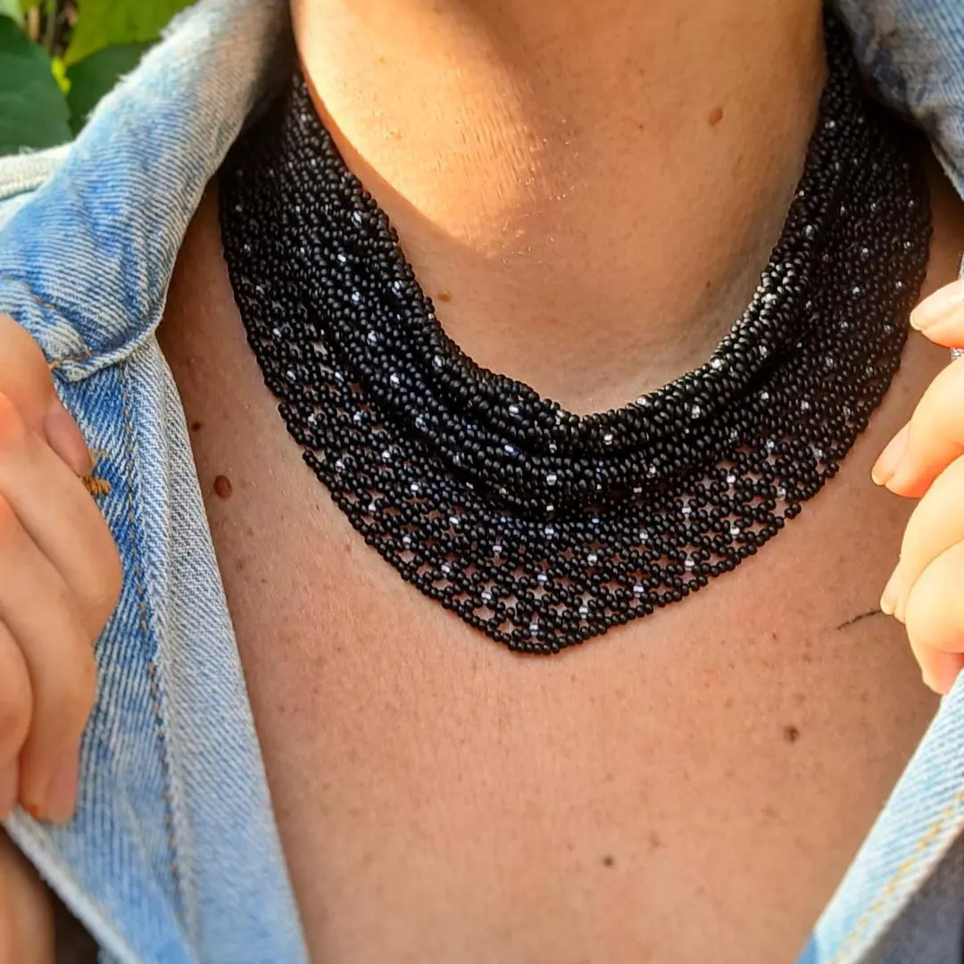 Black Beaded Scarf Necklace, Beaded Women Bandana, Beaded Netted Necklace, Beaded Neck Scarf, Bea... | Etsy (US)