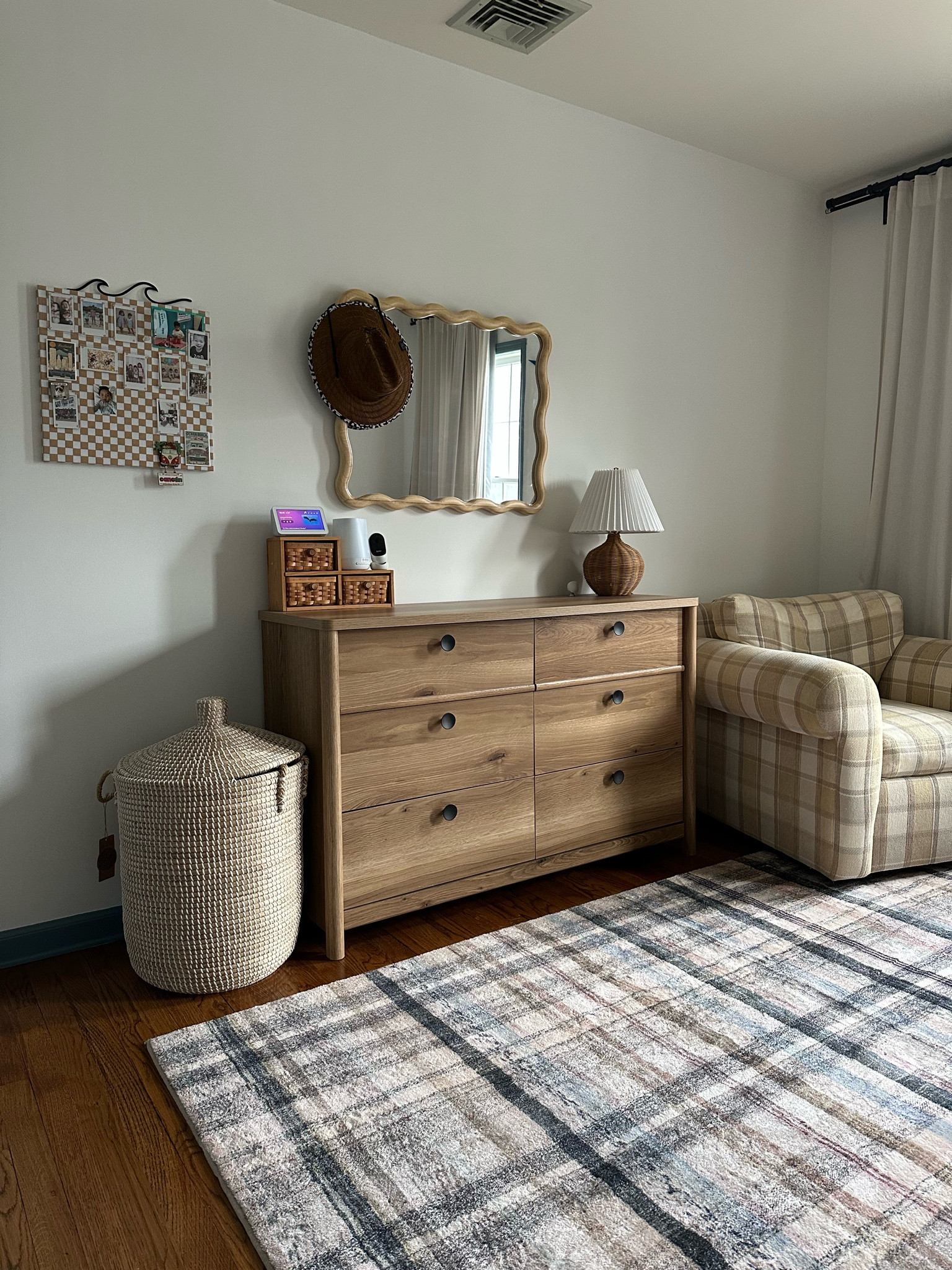 Toddler boy kids room with blues, wooden dresser, Loloi plaid rug, wavy mirror, coastal elements. 



#LTKHome #LTKBaby #LTKFamily