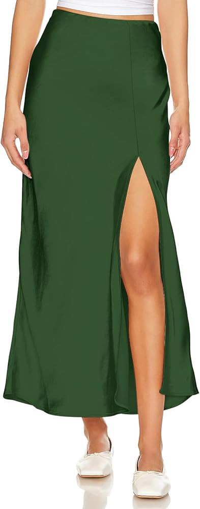Women's Satin High Waisted Side Split Maxi Skirt Elastic Waistband Zipper Long Skirts | Amazon (US)