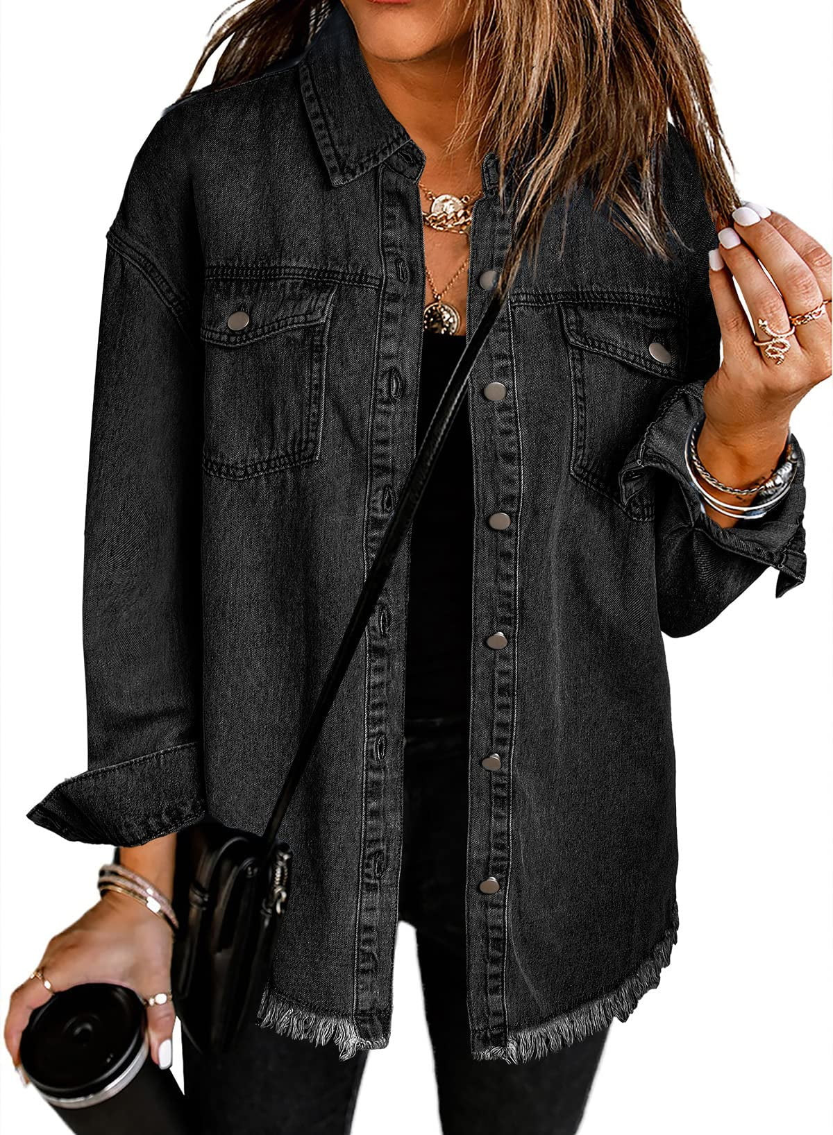 Asvivid Women's Denim Jacket Casual Long Sleeve Jean Jacket Boyfriend Distressed Shacket with Poc... | Walmart (US)