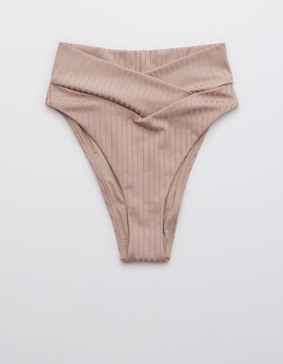 Aerie Ribbed Shine Crossover High Cut Cheeky Bikini Bottom | American Eagle Outfitters (US & CA)