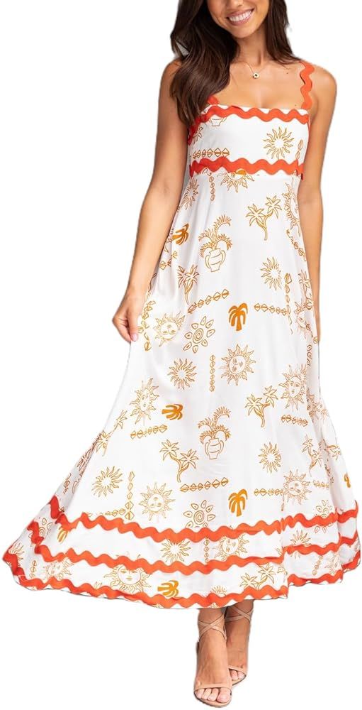 Women Boho Colorful Spaghetti Strap Dress Summer Vacation Beach Long Sun Dress RIC Rac Floral Flo... | Amazon (US)