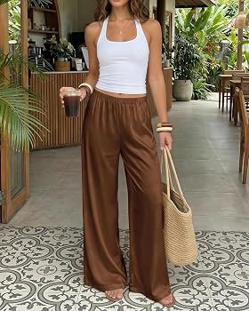 Satin Wide Leg Dress Pants Silk Flowy Long Trousers for Women | Amazon (US)