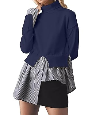 MISSACTIVER Women Slit Turtleneck Patchwork Sweater 2 in 1 Buttons Down Pullover Knit Sweater Asy... | Amazon (US)