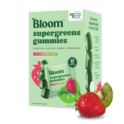 Bloom Super Greens Gummies, Daily Greens Superfood Fiber Gummies with Fruits, Vegetables, Vitamins & Minerals for Digestive & Gut Health, Bloating Support, Strawberry Kiwi, 12 Servings (48 Total) | Amazon (US)